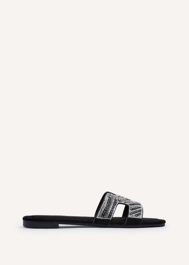 Linzi Indira Black Suede Aztec Design Embellished Slider Sandal