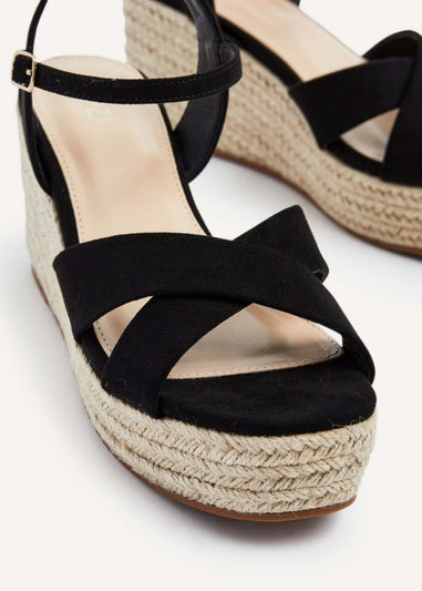 Linzi Vision Black Faux Suede Crossover Rope Detail Wedge