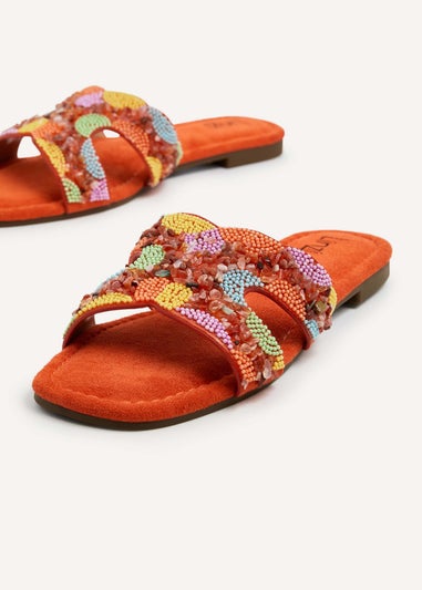 Linzi Zahara Orange Faux Suede Embellished Slider Sandal