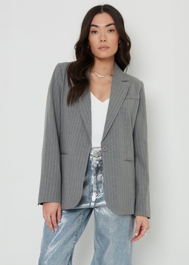 Threadbare Grey Classic Pinstripe Lined Blazer