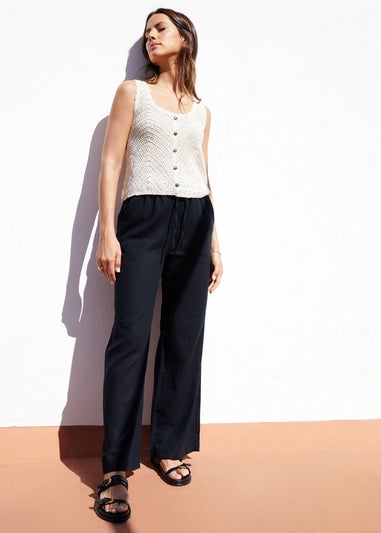 Threadbare Black Linen Blend Lake Wide Leg Trousers