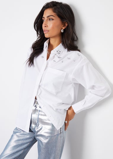 Threadbare White Cotton Embie Embellished Loose Fit Long Sleeve Shirt