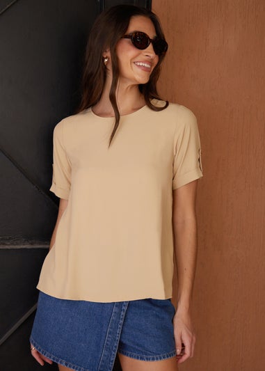 Threadbare Stone Camilla Short Roll Sleeve T-Shirt Blouse