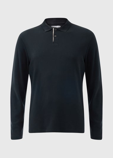 Black Contrast Placket Long Sleeve Polo Shirt