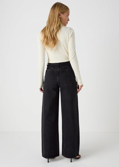 Papaya Petite Black Wide Leg Stud Jeans