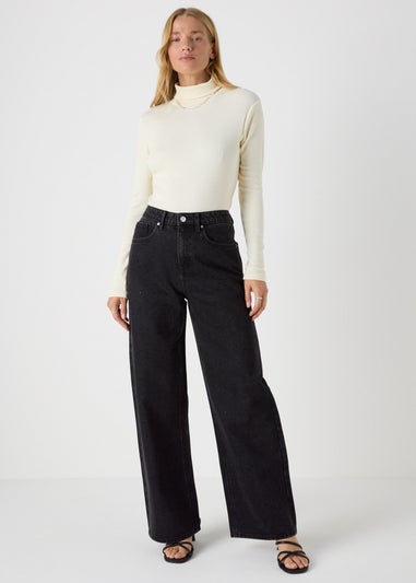 Papaya Petite Black Wide Leg Stud Jeans