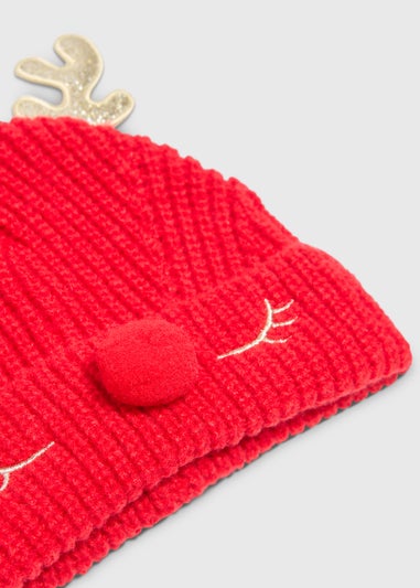 Christmas Kids Red Reindeer Beanie (3-13yrs)