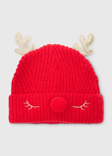 Christmas Kids Red Reindeer Beanie (3-13yrs)