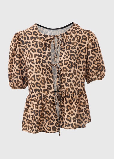 Brown Leopard Print Tie Front Top