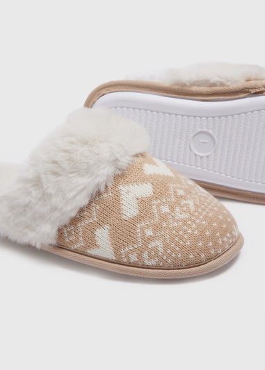 Beige Fairisle Knit Mule Slippers