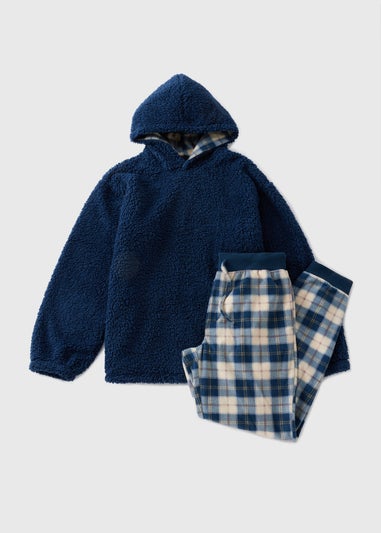 Blue Check Hooded Fleece Pyjama Set