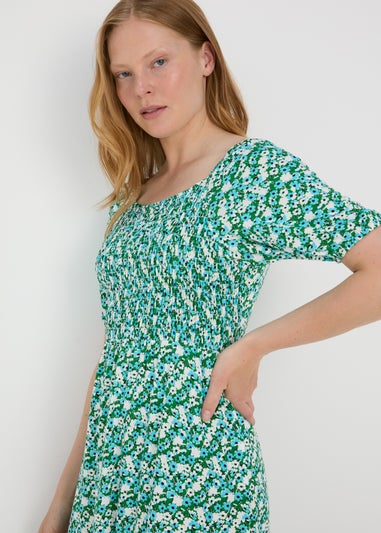 Green Floral Swing Midi Dress