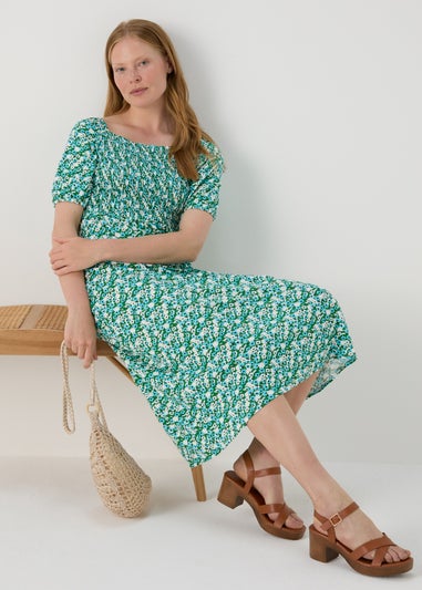 Green Floral Swing Midi Dress