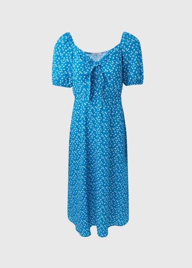 Blue Floral Tie Front Midi Dress