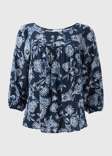 Blue Paisley Button Detail Blouse