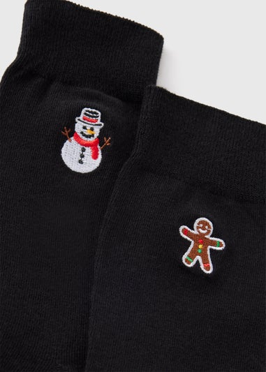 2 Pack Black Christmas Embroidery Socks