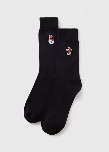 2 Pack Black Christmas Embroidery Socks