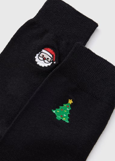 2 Pack Black Christmas Embroidered Socks