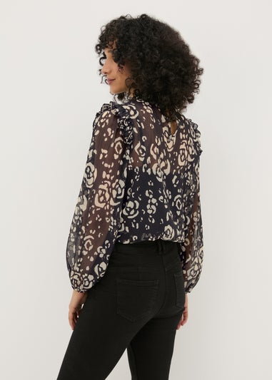 Black High Neck Floral Blouse