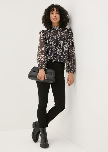 Black High Neck Floral Blouse