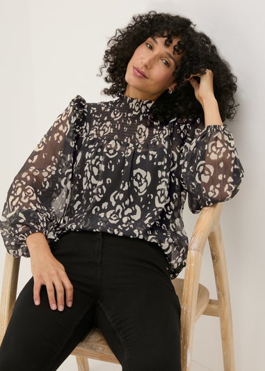 Black High Neck Floral Blouse