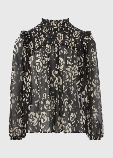 Black High Neck Floral Blouse