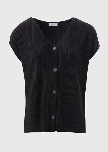 Black Plisse Button V-Neck T-Shirt