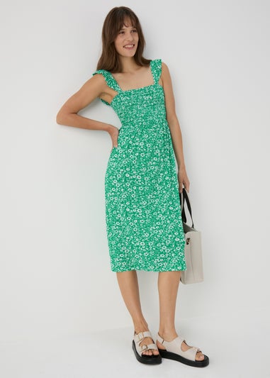 Green Ruffle Strap Shirred Dress