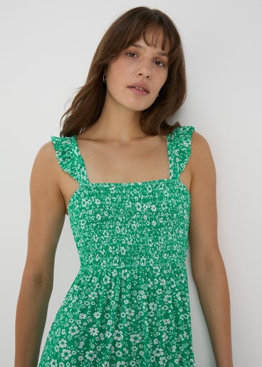 Green Ruffle Strap Shirred Dress