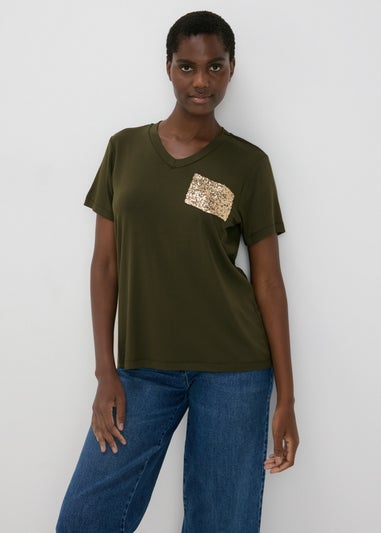 Khaki Sequin Pocket T Shirt