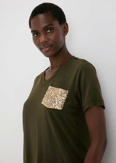 Khaki Sequin Pocket T Shirt