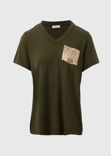 Khaki Sequin Pocket T Shirt