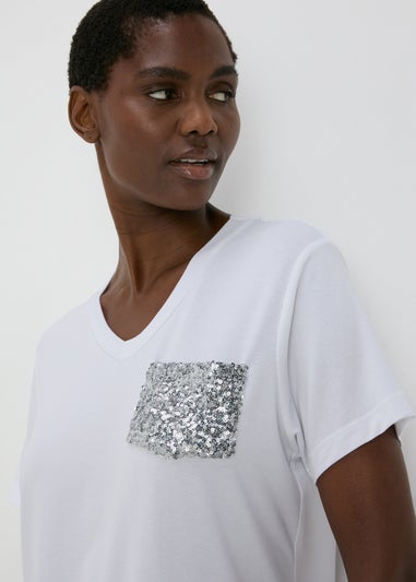 White Sequin Pocket T Shirt