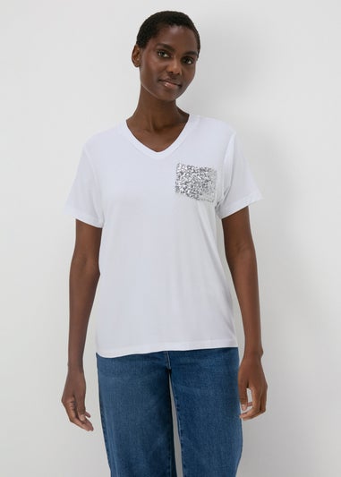 White Sequin Pocket T Shirt