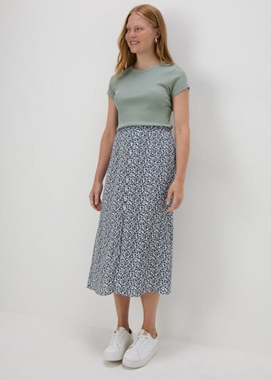 Cream Floral Button Front Midi Skirt