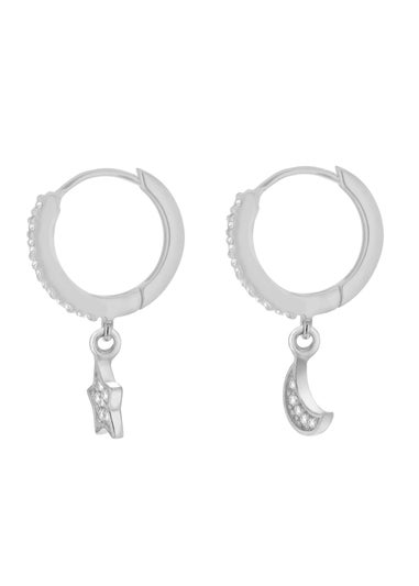 Golden Moments Sterling Silver CZ 'Star and Moon' Hoop Earrings
