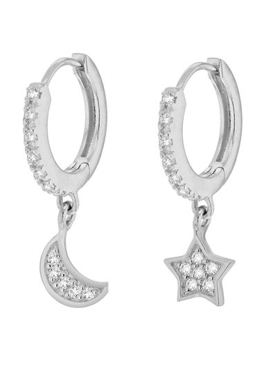 Golden Moments Sterling Silver CZ 'Star and Moon' Hoop Earrings