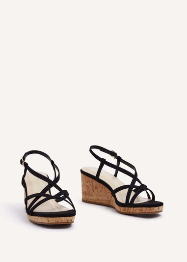 Linzi Safiya Black Faux Suede Strappy Wedge Sandal