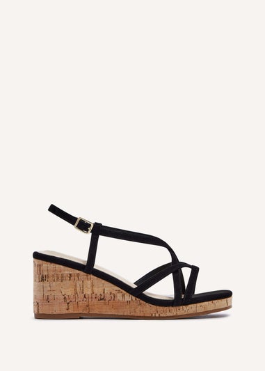 Linzi Safiya Black Faux Suede Strappy Wedge Sandal