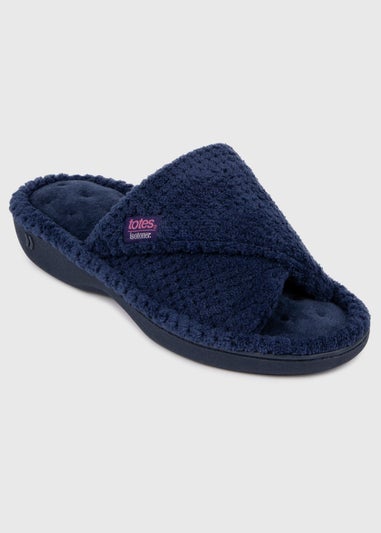 Totes Isotoner Navy Popcorn Turnover Open Toe Slippers