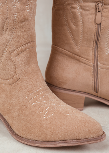 Where's That From Cream Suede Desert Cowboy Boots With Embroidery