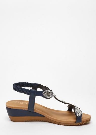 Quiz Navy Embellished T-Strap Low Wedges