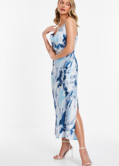 Quiz Blue Satin Marble Print Midi Dress