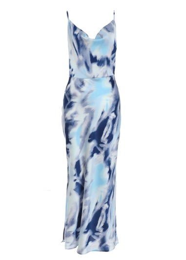 Quiz Blue Satin Marble Print Midi Dress