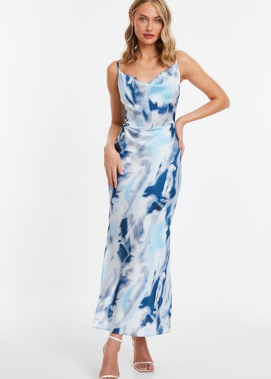 Quiz Blue Satin Marble Print Midi Dress