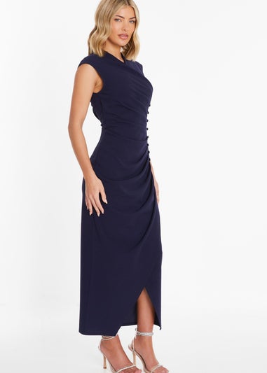 Quiz Navy Ruched Button Up Midaxi Dress