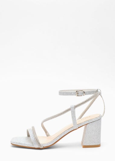 Quiz Silver Diamante Block Heeled Sandals