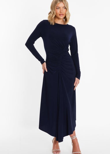 Quiz Navy Ruched Long Sleeve Midi Dress