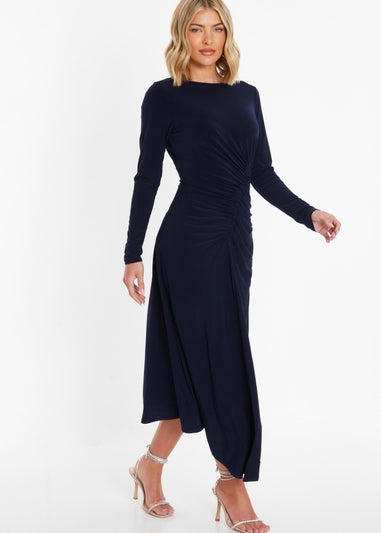 Quiz Navy Ruched Long Sleeve Midi Dress