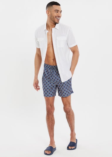 Threadbare Blue Kilngate Geometric Print Swim Shorts